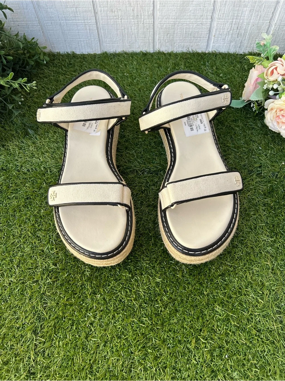 Tory Burch Women’s canvas/perfect black platform  Espadrille Sandals size 10